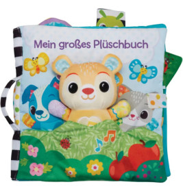 Buntes deutsches Stoffbuch mit Plüschbär, Hund und Naturmotiven. Aufschrift: Mein großes Plüschbuch.