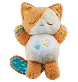 Plüsch-Katze in Orange-Weiß mit geschlossenen Augen, bunten Ohren und herzförmigem Fleck auf der Brust.