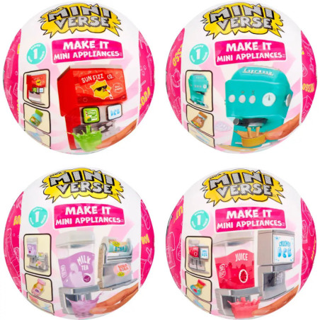 Vier Mini Verse Make It Mini Appliances Kugeln, jeweils mit einer anderen Miniatur-Küchenmaschine.