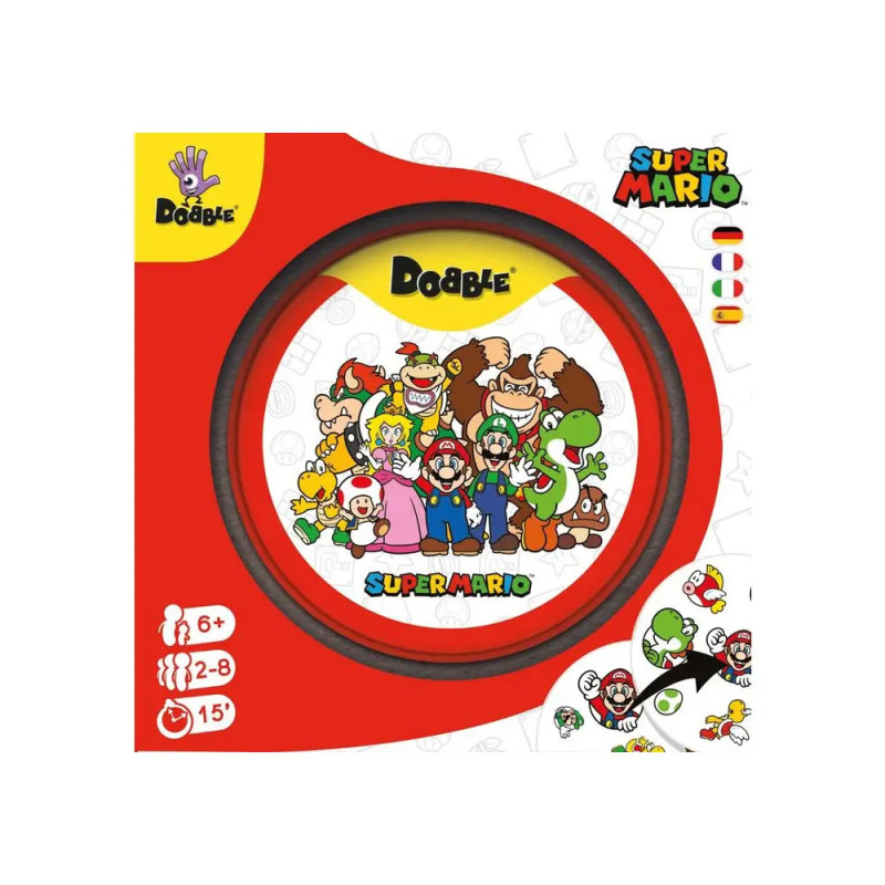 Dobble Super Mario: Spielbox mit Mario-Figuren auf runder Karte, ab 6 Jahren, für 2-8 Spieler, Spieldauer 15 Minuten. Dobble Super Mario: Spielbox mit Mario-Figuren auf runder Karte, ab 6 Jahren, für 2-8 Spieler, Spieldauer 15 Minuten.