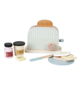 Holz-Toaster-Set für Kinder mit Spiel-Brot, Butter, Marmelade, Honig, Messer sowie Teller mit Ei und Käse.