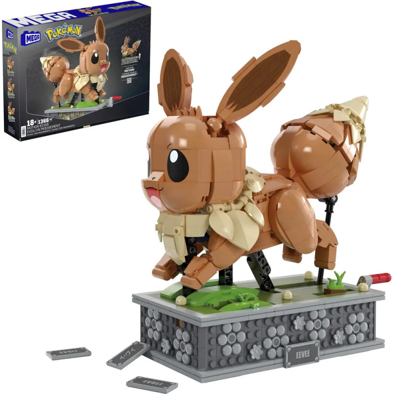 Ein Mega Construx Eevee Pokémon Bauset auf einem Ständer, dahinter ist die Verpackung zu sehen. Ein Mega Construx Eevee Pokémon Bauset auf einem Ständer, dahinter ist die Verpackung zu sehen.
