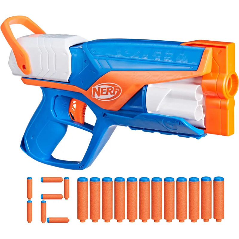 Blauer und oranger Nerf-Blaster mit Schaumstoffpfeilen und zusätzlichen Spitzen davor angeordnet.