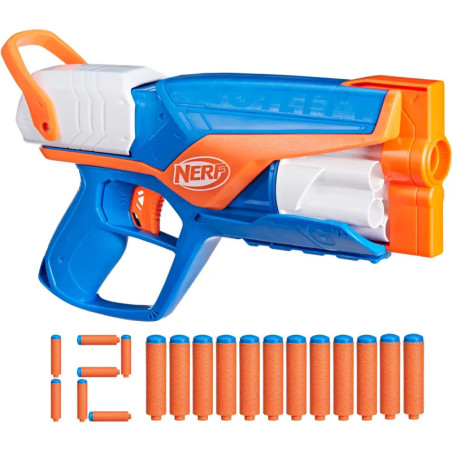 Blauer und oranger Nerf-Blaster mit Schaumstoffpfeilen und zusätzlichen Spitzen davor angeordnet.