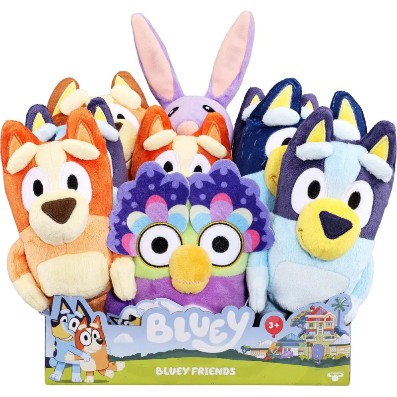 Plüschfiguren von Bluey, Bingo und Freunden in einer bunten Box ausgestellt.