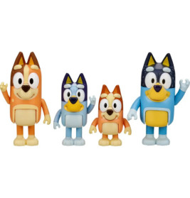 Vier Cartoon-Hundfiguren aus der Serie Bluey stehen in einer Reihe und winken.