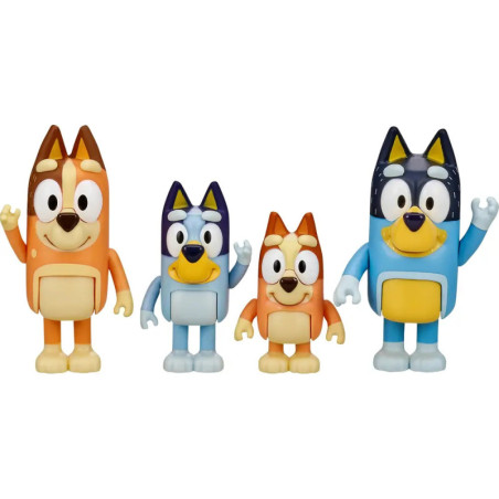 Vier Cartoon-Hundfiguren aus der Serie Bluey stehen in einer Reihe und winken.