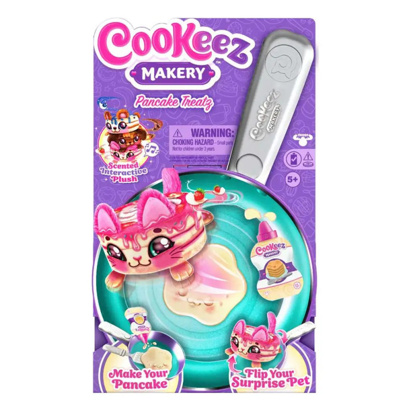 CoolKeez Makery Pancake Treats Spielzeugverpackung mit Plüsch-Pfannkuchen-Katze und interaktivem Zubehör.