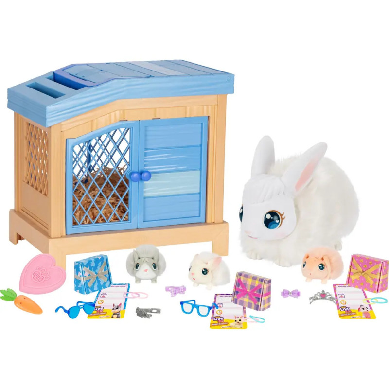 Spielset mit Plüschkaninchen, drei kleinen Tiertfiguren, Zubehör und bunten Boxen.