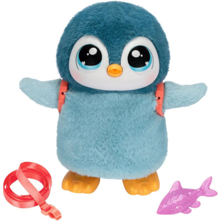 Ein blaues Plüsch-Pinguinspielzeug mit rosa Rucksack, roter Leine und kleinem lila Fisch.