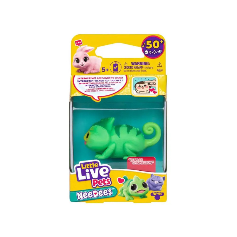 Little Live Pets NeeDees Chamäleon-Spielzeug in Grün in gelb-lila Verpackung, geeignet ab 5 Jahren.