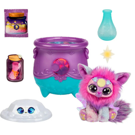 Buntes Spielzeug-Kesselset mit einem rosa-blauen Fellwesen, Zaubertränken und sternförmigem Zubehör.