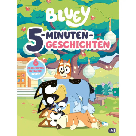 Bluey Buchcover mit vier Cartoon-Hunden spielend unter einem Baum, Titel: 5-Minuten-Geschichten.