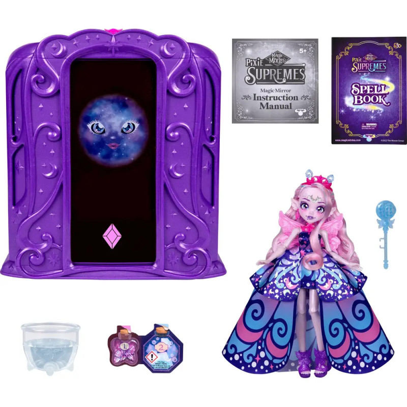 Lila Spielset mit Zauberspiegel, Puppe, Zauberbuch, Anleitung, Schlüssel, Tränken und Becher. Lila Spielset mit Zauberspiegel, Puppe, Zauberbuch, Anleitung, Schlüssel, Tränken und Becher.