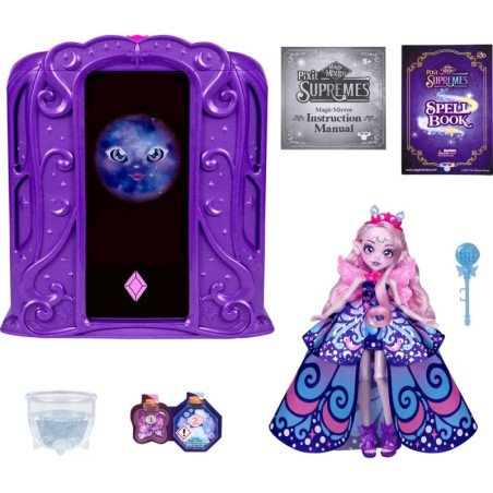 Lila Spielset mit Zauberspiegel, Puppe, Zauberbuch, Anleitung, Schlüssel, Tränken und Becher.
