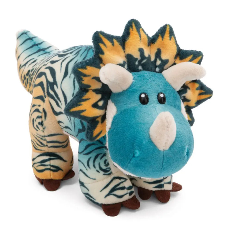 Plüsch-Triceratops mit blauen, cremefarbenen und gelben Mustern sowie drei weißen Hörnern. Plüsch-Triceratops mit blauen, cremefarbenen und gelben Mustern sowie drei weißen Hörnern.