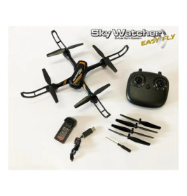 Black Sky Watcher Drohne mit Fernbedienung, Ladegerät und Ersatzpropellern auf weißem Hintergrund.