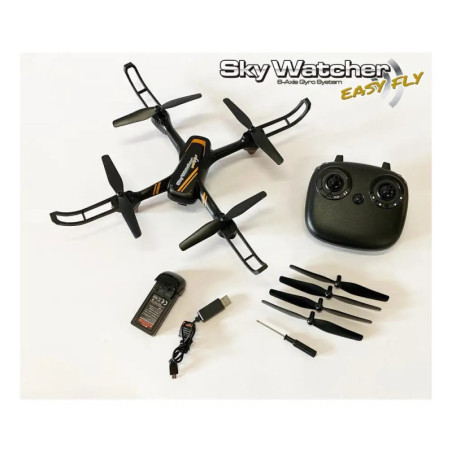 Black Sky Watcher Drohne mit Fernbedienung, Ladegerät und Ersatzpropellern auf weißem Hintergrund.