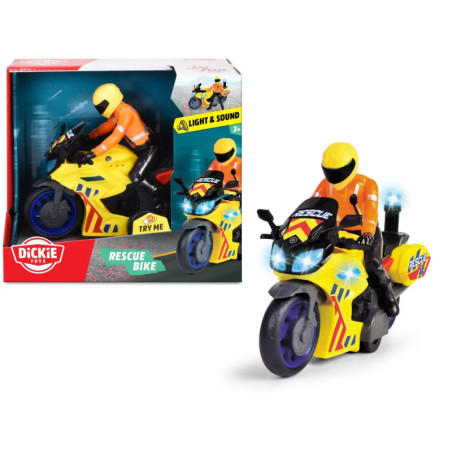 Rettungs-Spielzeugmotorrad in Gelb-Schwarz mit Fahrer im orangefarbenen Anzug, eingeschaltetem Licht und Verpackung.