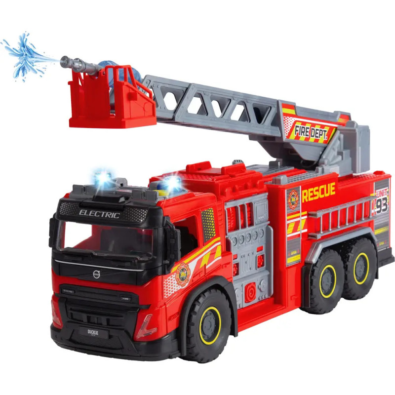 Rotes Spielzeug-Feuerwehrauto mit Lichtern, grauer Leiter und Wasserstrahl aus der Düse auf dem Dach. Rotes Spielzeug-Feuerwehrauto mit Lichtern, grauer Leiter und Wasserstrahl aus der Düse auf dem Dach.