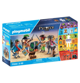 Playmobil Piraten-Set mit Piratenfiguren, Zubehör und abgebildeten, individuell gestaltbaren Outfits auf der Box.