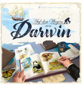 Eine Hand zeichnet Tiere ins Journal, darüber ein Schiff und der Titel Auf den Wegen von Darwin.