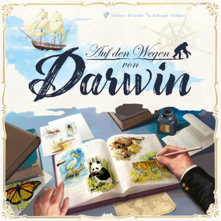 Eine Hand zeichnet Tiere ins Journal, darüber ein Schiff und der Titel Auf den Wegen von Darwin.