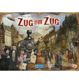 Brettspielcover mit Dampflok, Personen in Westernkleidung und dem Titel Zug um Zug Legacy.