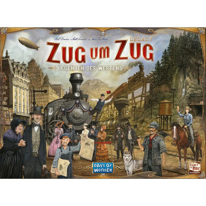 Brettspielcover mit Dampflok, Personen in Westernkleidung und dem Titel Zug um Zug Legacy.