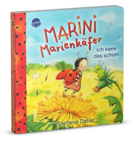 Kinderbuchcover: Ein Mädchen als Marienkäfer steht auf einem Löwenzahn, umgeben von Insekten.