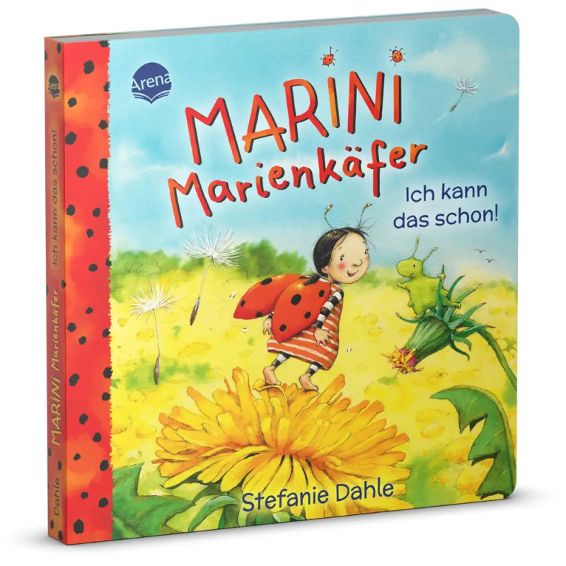 Kinderbuchcover: Ein Mädchen als Marienkäfer steht auf einem Löwenzahn, umgeben von Insekten. Kinderbuchcover: Ein Mädchen als Marienkäfer steht auf einem Löwenzahn, umgeben von Insekten.