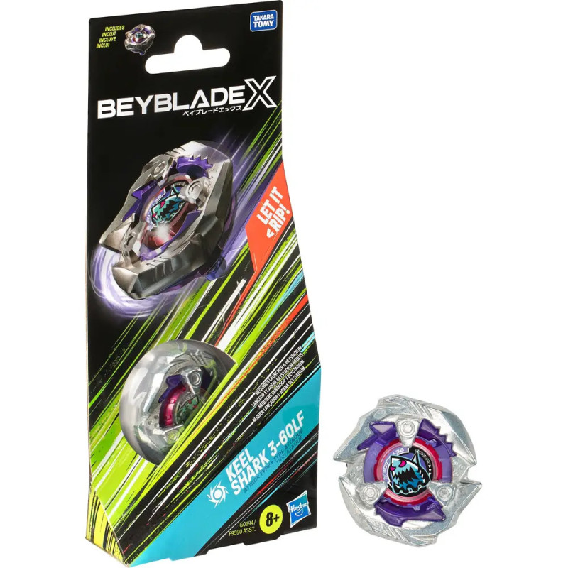 Beyblade X Verpackung mit metallischem Kreisel Hells Shark 3-80LF, außerhalb der Box abgebildet.