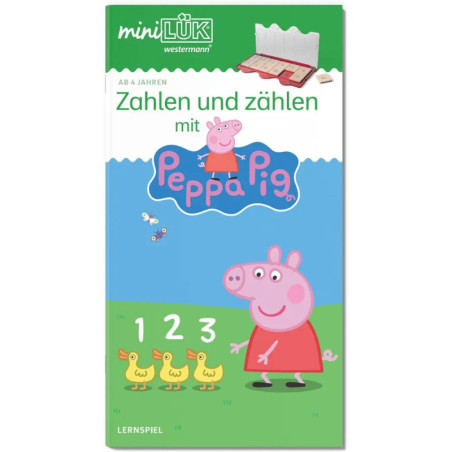 Peppa Pig auf Buchcover, drei Enten, Zahlen 1-2-3 und deutscher Titel: Zahlen und zählen mit Peppa Pig.