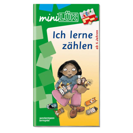Auf dem grün-gelben Buchcover hält ein gezeichnetes Mädchen Tier-Spielzeug. Text: Ich lerne zählen.