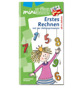 Mathebuch-Cover: lachendes Mädchen mit Krone, bunte Zahlen, Titel Erstes Rechnen.