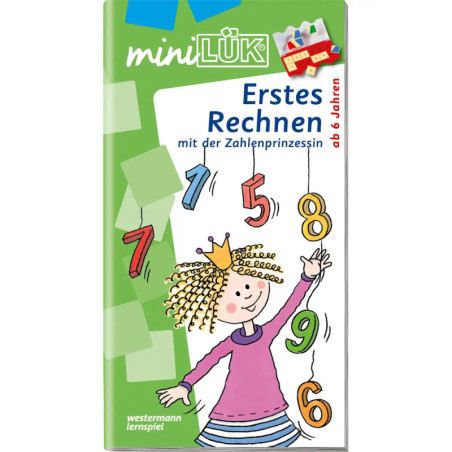 Mathebuch-Cover: lachendes Mädchen mit Krone, bunte Zahlen, Titel Erstes Rechnen.