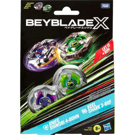 Beyblade X Packung mit Kwik Shinobi und Keel Shark Tops auf schwarzem Hintergrund mit bunten Akzenten.