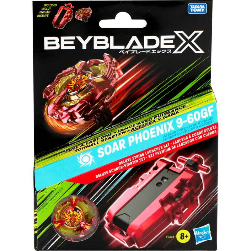 Beyblade X Soar Phoenix 9-60GF Starterset: Verpackung mit Kreisel, Launcher und Reißleine sichtbar.