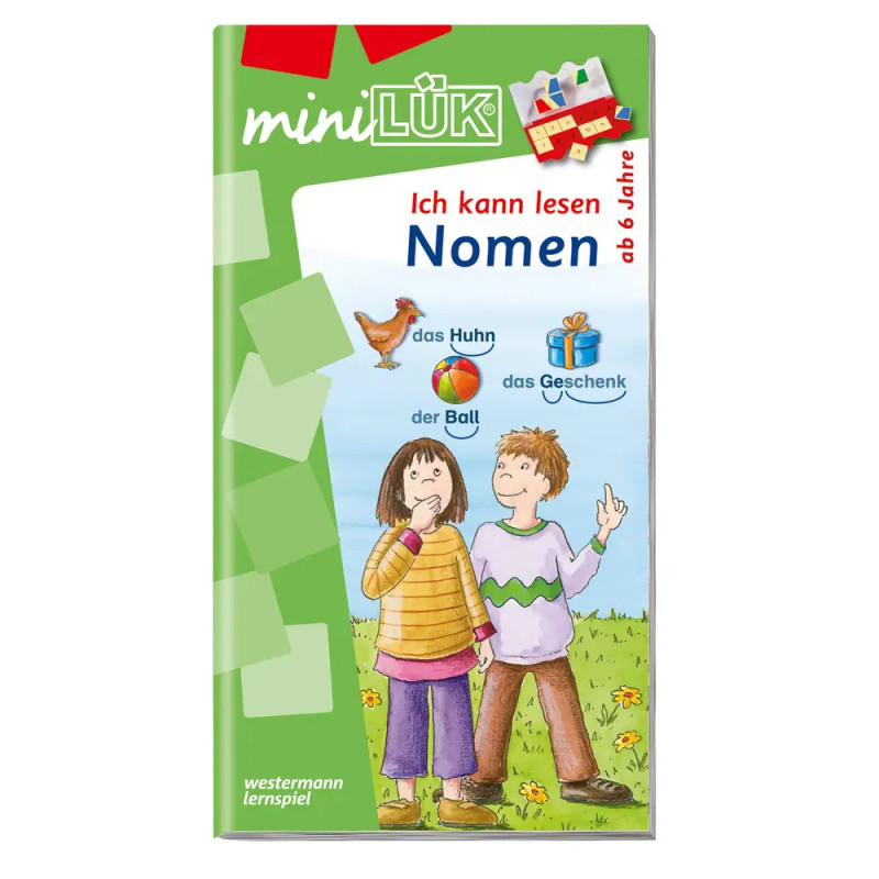Cover eines deutschen Kinderbuchs mit zwei Kindern, Huhn, Ball und Geschenk. Text: Ich kann Nomen lesen.