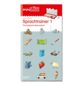 Buchcover mit Abbildungen von Flugzeug, Frosch, Kamm, Erdbeere, Schaf, Kopfhörer und Briefkasten.