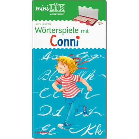 Cover von Wörterspiele mit Conni: Ein lächelndes Mädchen läuft auf blauem Hintergrund mit Schreibschrift-Lettern.