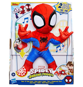 Spidey-Plüschfigur in einer Box mit Aufschrift Spidey und seine Super-Freunde, Marvel- und Hasbro-Branding.