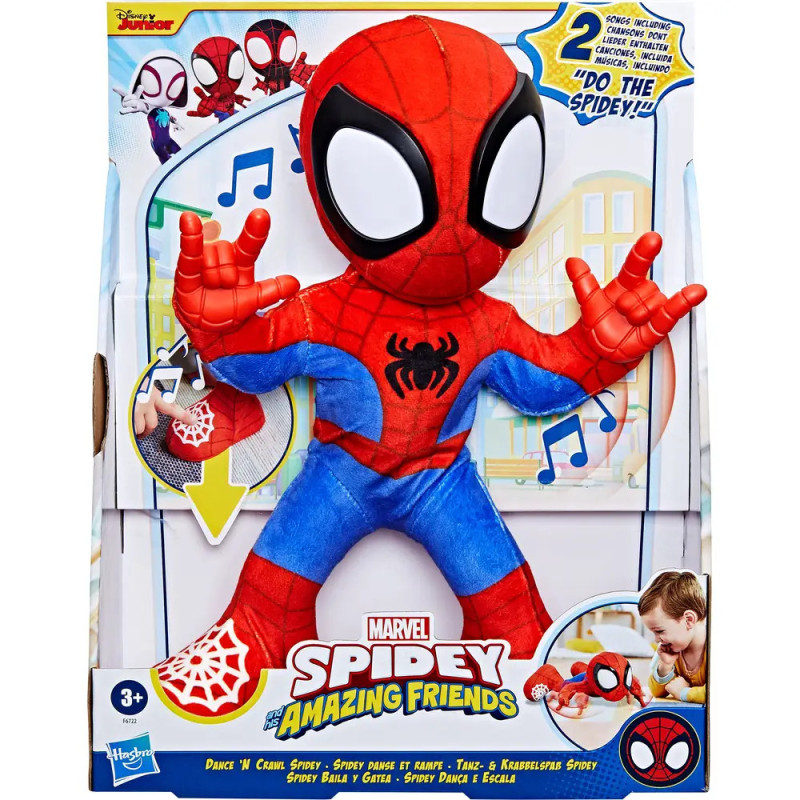 Spidey-Plüschfigur in einer Box mit Aufschrift Spidey und seine Super-Freunde, Marvel- und Hasbro-Branding. Spidey-Plüschfigur in einer Box mit Aufschrift Spidey und seine Super-Freunde, Marvel- und Hasbro-Branding.