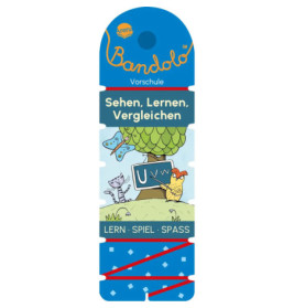 Bandolo Vorschul-Karte mit Katze, Eule und Schmetterling vor Tafel mit U, V, W im Freien.