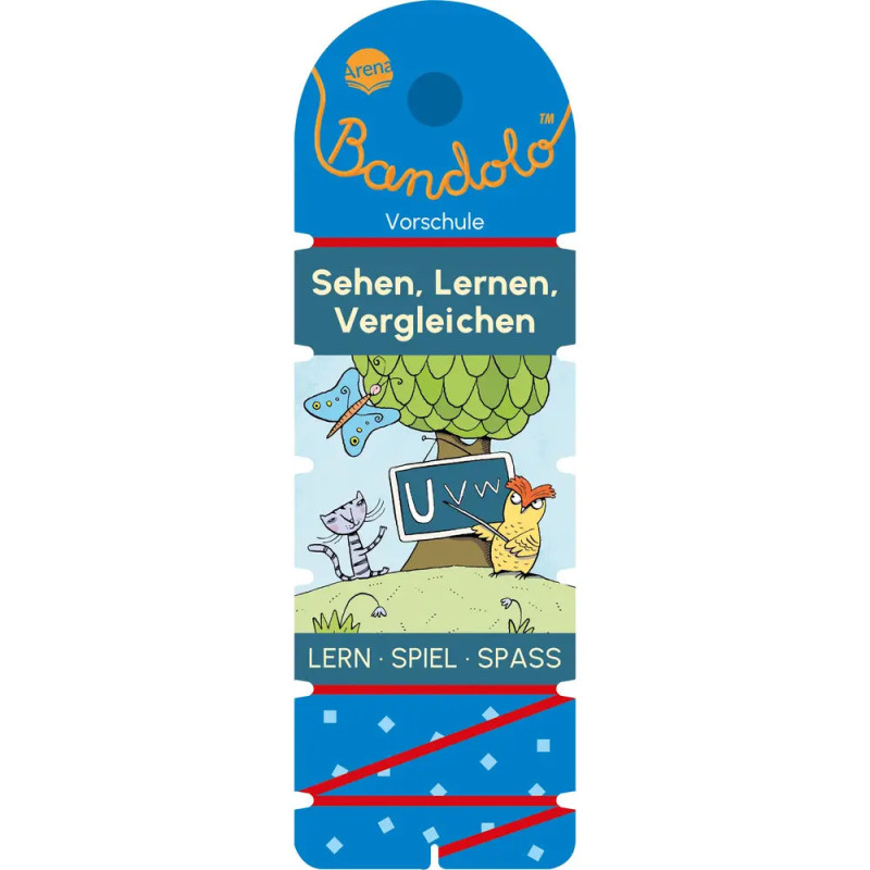 Bandolo Vorschul-Karte mit Katze, Eule und Schmetterling vor Tafel mit U, V, W im Freien.