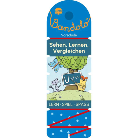 Bandolo Vorschul-Karte mit Katze, Eule und Schmetterling vor Tafel mit U, V, W im Freien.