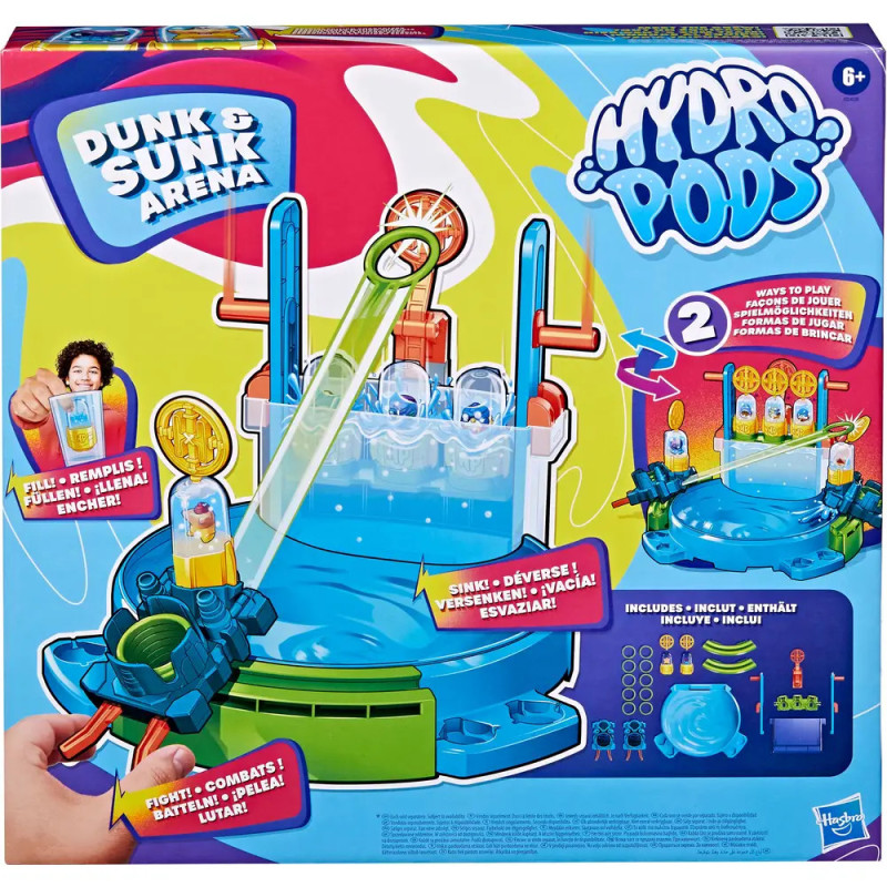 Bunte Hydro Pods Dunk & Sunk Arena Spielzeugbox mit Abbildungen der Funktionen und Wasser-Spielanleitung. Bunte Hydro Pods Dunk & Sunk Arena Spielzeugbox mit Abbildungen der Funktionen und Wasser-Spielanleitung.