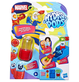 Marvel Hydro Pods Spielzeugverpackung, bunte Grafiken, rote Kapsel, Superheldenmotiv, geeignet ab 6 Jahren.