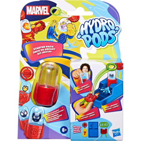 Marvel Hydro Pods Spielzeugverpackung, bunte Grafiken, rote Kapsel, Superheldenmotiv, geeignet ab 6 Jahren.