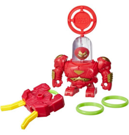 Rote und goldene Hulkbuster-Figur mit Werfer, zwei grünen Ringen und Marvel-Logo oben.